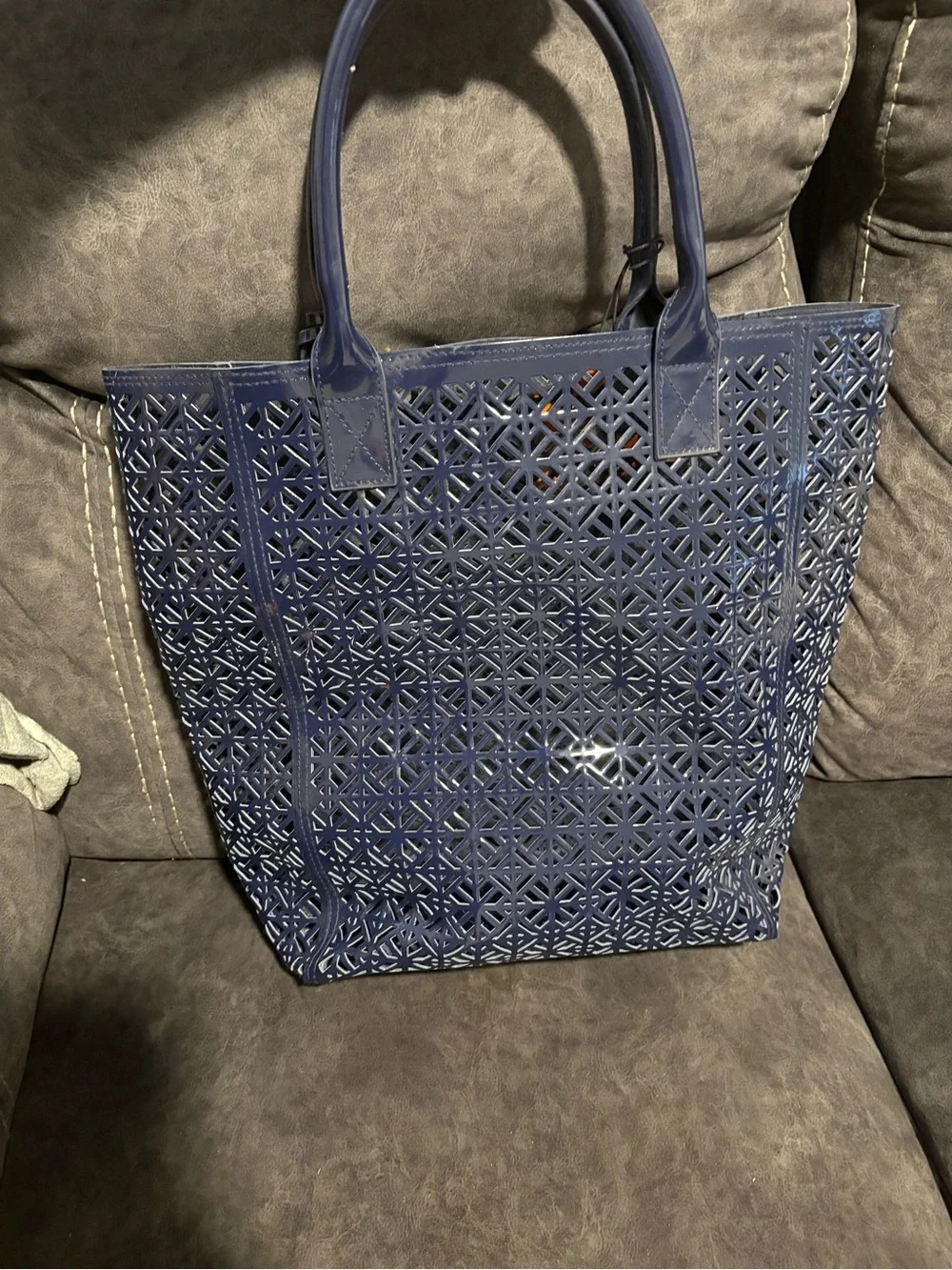 Tory Burch Navy Laser-Cut Leather Tote with Tag